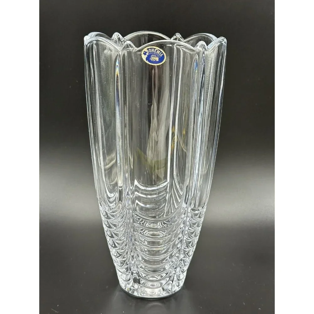 Czech Republic Bohemian Scalloped Top Ribbed Crystal Clear Vase‎ 10
